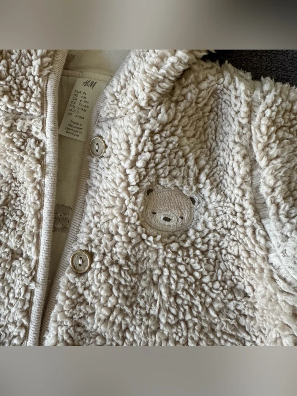 H&M Neutral Cream Beige Sherpa Baby Jacket Fleece Teddy Bear Ears Baby Boy 9M